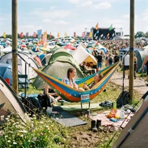 Kompakt verpackte, ultraleichte Hängematte fürs Festival neben einem Rucksack