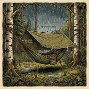 A haengematte fuer bushcraft sheltered under a waterproof green tarp in a wild forest.