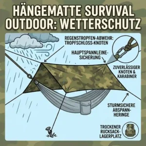 An illustration of a hängematte für survival outdoor equipped with a waterproof tarp for weather protection.