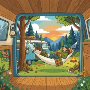 Interior view of an SUV featuring a suspended hängematte für auto camping with a sleeping bag.