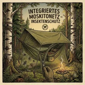 An adventurous camper inside a haengematte fuer bushcraft with an integrated mosquito net.