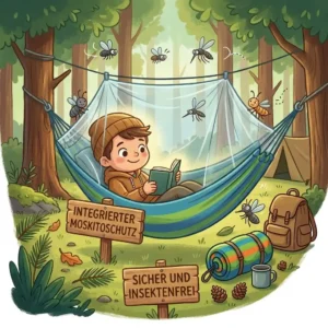 An illustration of a camping hängematte für kinder with an integrated mosquito net.