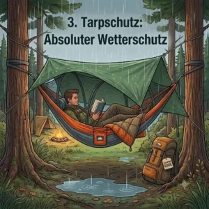 A setup showing a rain tarp covering a suspended bed, essential for weather protection before deciding welche camping hängematte kaufen.