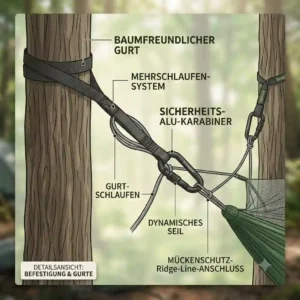 Close-up of the suspension straps and attachment system for the covacure camping hängematte test.