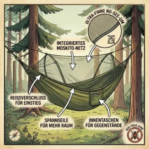The zippered, fine-mesh insect bug net fully deployed on a DD Frontline hammock for summer camping protection.
