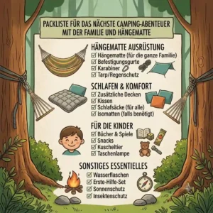 A illustrated packing checklist with essential gear needed for a hängematte familie camping adventure.