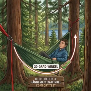 An illustrative guide demonstrating how to achieve the ideal 30-degree hanging angle for comfort during an eno hammock camping test.