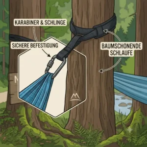 Tree-friendly straps and heavy-duty carabiner setup inspected in a naturefun hängematte test.