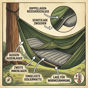 Demonstrating the zippered double-layer base of a DD hammock with an inflatable sleeping pad inserted between the layers for insulation.