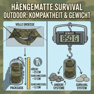 An illustration showing the compact pack size and lightweight design of a hängematte für survival outdoor.