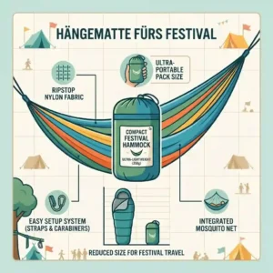Illustration einer wetterfesten Hängematte fürs Festival mit integriertem Moskitonetz