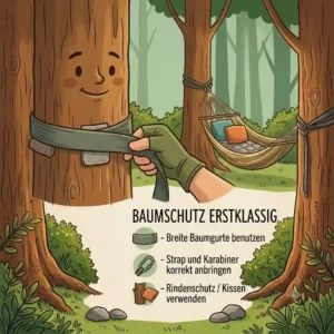 Educational illustration demonstrating eco-friendly tree protection techniques during a hängematte familie camping vacation.