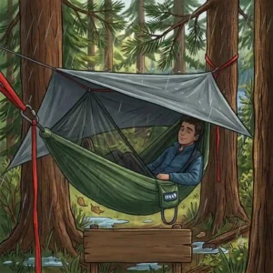 An illustration of an ENO hammock system completely covered by a gray ProFly rain tarp during a weather-resistance eno hammock camping test.