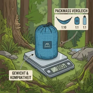Compact pack size and total weight measured on a scale for the naturefun hängematte test.