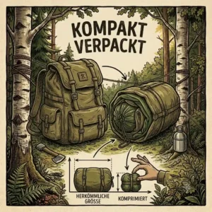 The compact pack size of a haengematte fuer bushcraft next to a survival backpack.
