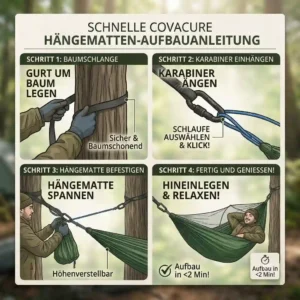 Step-by-step assembly and setup process illustrated for the covacure camping hängematte test.