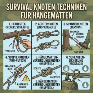 Essential knot techniques diagram for securing a hängematte für survival outdoor in a bushcraft camp.