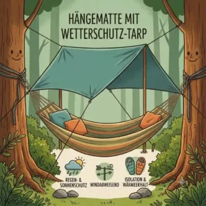 A cozy hammock setup equipped with a protective rain tarp shield for a hängematte familie camping experience.