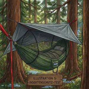 A diagram showing the ENO SingleNest enclosed within a Guardian bug net, testing insect protection in an eno hammock camping test.