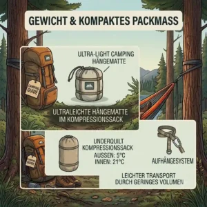 A diagram showing the compact pack size of an ultralight model compared to a backpack for those analyzing portablity when looking at welche camping hängematte kaufen.