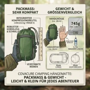 Visual comparison of the packed size and weight for the covacure camping hängematte test.