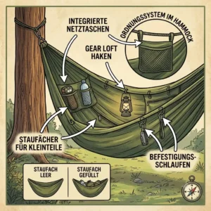 The interior of a DD Camping Hammock showing the built-in storage pouch pockets holding camping gear.