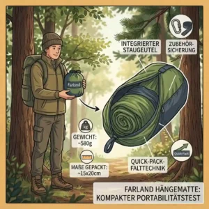 A Farland hammock test demonstrating the compact packed size when placed inside its attached stuff sack.