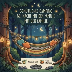A beautiful night scene featuring a hammock decorated with fairy lights for a comfortable hängematte familie camping stay.