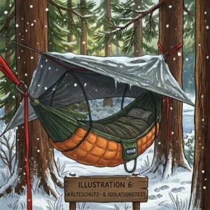 An illustration showing an underquilt and topquilt attached to an ENO hammock for a winter-grade eno hammock camping test.