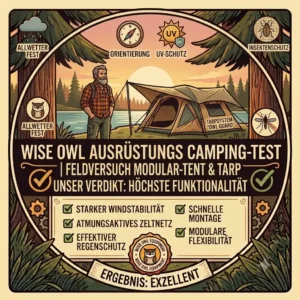 Wise Owl hammock setup with an overhead rain tarp and bug net during a rainy campsite test