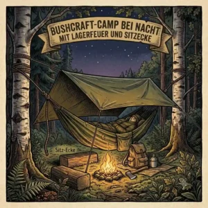A cozy night scene of a bushcraft camp with a haengematte fuer bushcraft near a campfire.