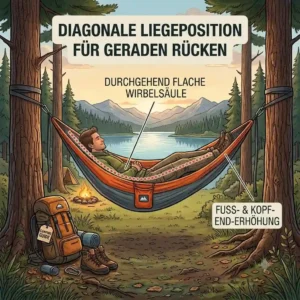 An ergonomic diagram explaining the proper diagonal laying technique required for a flat sleep, regardless of welche camping hängematte kaufen model chosen.