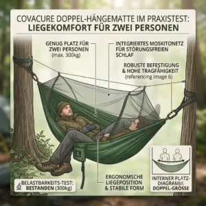 Two people checking the comfort and load capacity during the covacure camping hängematte test.