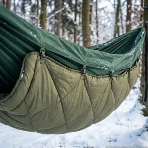 A DD Underblanket insulated quilt clipped to the side tabs of a DD hammock for cold-weather winter camping.