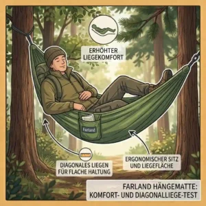 A camper demonstrating overnight sleeping comfort and a flat diagonal lay during a Farland hammock test.