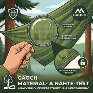 Gaoch Camping Hängematte Test - Nahaufnahme der Gewebestruktur und Qualitätsprüfung der Nähte