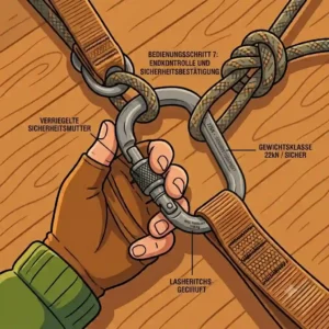 Close-up shot focusing on the heavy-duty carabiners and safety straps of a hängematte für auto camping.