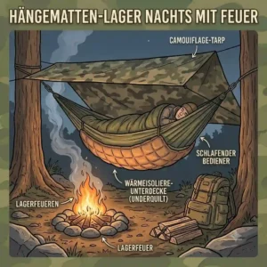 A cozy campsite scene at night featuring a hängematte für survival outdoor next to a roaring campfire.