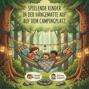 An illustration of happy children playing safely in a hammock at the campsite during a hängematte familie camping holiday.