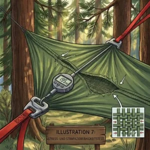 A stress-test illustration depicting heavy loads applied to the seam of an ENO hammock to test the durability limit in an eno hammock camping test.