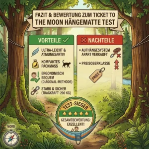 The final result infographic of the Ticket to the Moon Hängematte Test, presenting a clean checklist of pros and cons, including ease of use, durability, and packability.